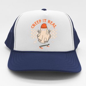 Creep It Real Skateboarding Ghost Retro Halloween Costume Trucker Hat