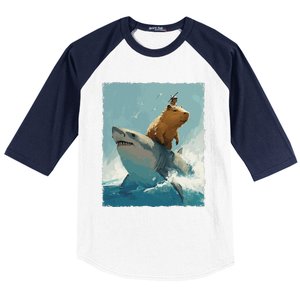 Capybara Is Riding A Shark Baseball Sleeve Shirt