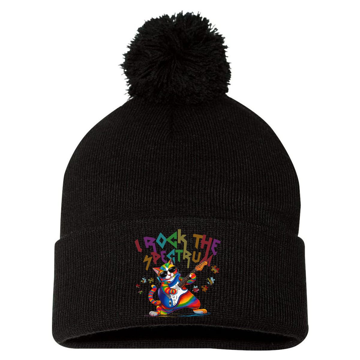 Cute I ROCK THE SPECTRUM Autism Awareness Support Love Pom Pom 12in Knit Beanie