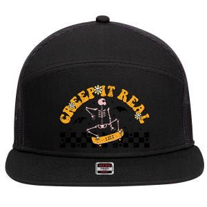 Creep It Real Skateboarding Ghost Retro Halloween Costume Cool Gift 7 Panel Mesh Trucker Snapback Hat