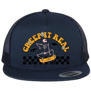 Creep It Real Skateboarding Ghost Retro Halloween Costume Cool Gift Flat Bill Trucker Hat