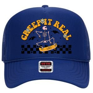 Creep It Real Skateboarding Ghost Retro Halloween Costume Cool Gift High Crown Mesh Back Trucker Hat