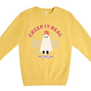 Creep It Real Ghost Skateboard Halloween Bat Checkered Sk8r Great Gift Premium Crewneck Sweatshirt