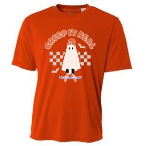 Creep It Real Ghost Skateboard Halloween Bat Checkered Sk8r Great Gift Cooling Performance Crew T-Shirt