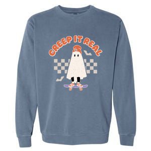 Creep It Real Ghost Skateboard Halloween Bat Checkered Sk8r Great Gift Garment-Dyed Sweatshirt