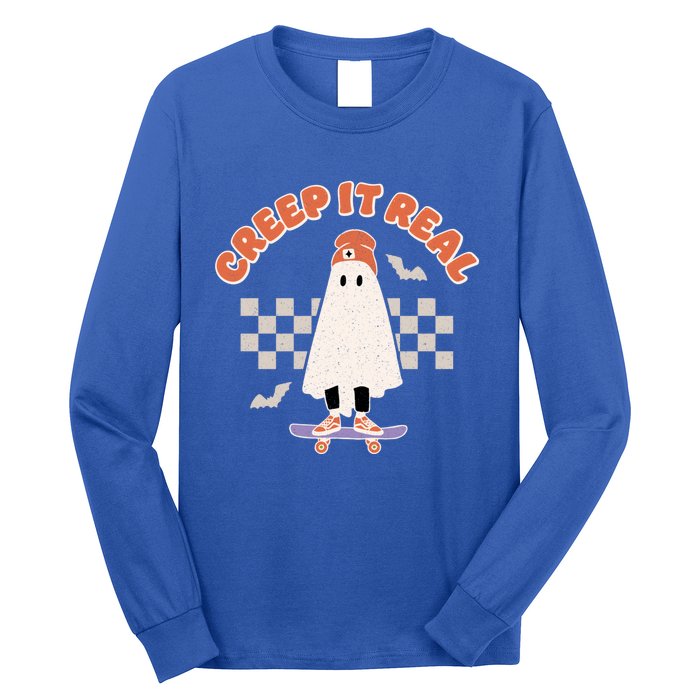 Creep It Real Ghost Skateboard Halloween Bat Checkered Sk8r Great Gift Long Sleeve Shirt