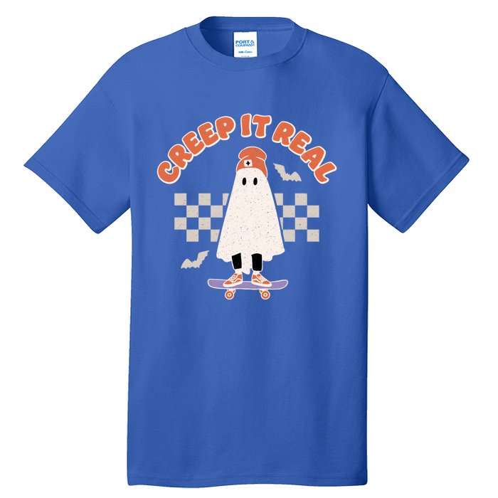 Creep It Real Ghost Skateboard Halloween Bat Checkered Sk8r Great Gift Tall T-Shirt