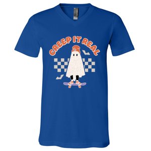 Creep It Real Ghost Skateboard Halloween Bat Checkered Sk8r Great Gift V-Neck T-Shirt