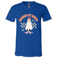 Creep It Real Ghost Skateboard Halloween Bat Checkered Sk8r Great Gift V-Neck T-Shirt