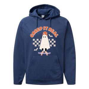 Creep It Real Ghost Skateboard Halloween Bat Checkered Sk8r Great Gift Performance Fleece Hoodie