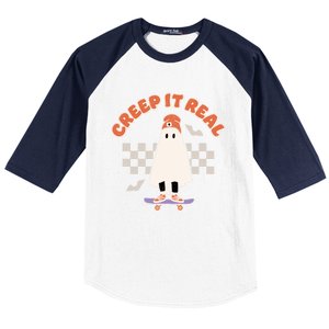 Creep It Real Ghost Skateboard Halloween Bat Checkered Sk8r Great Gift Baseball Sleeve Shirt