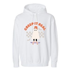 Creep It Real Ghost Skateboard Halloween Bat Checkered Sk8r Great Gift Garment-Dyed Fleece Hoodie