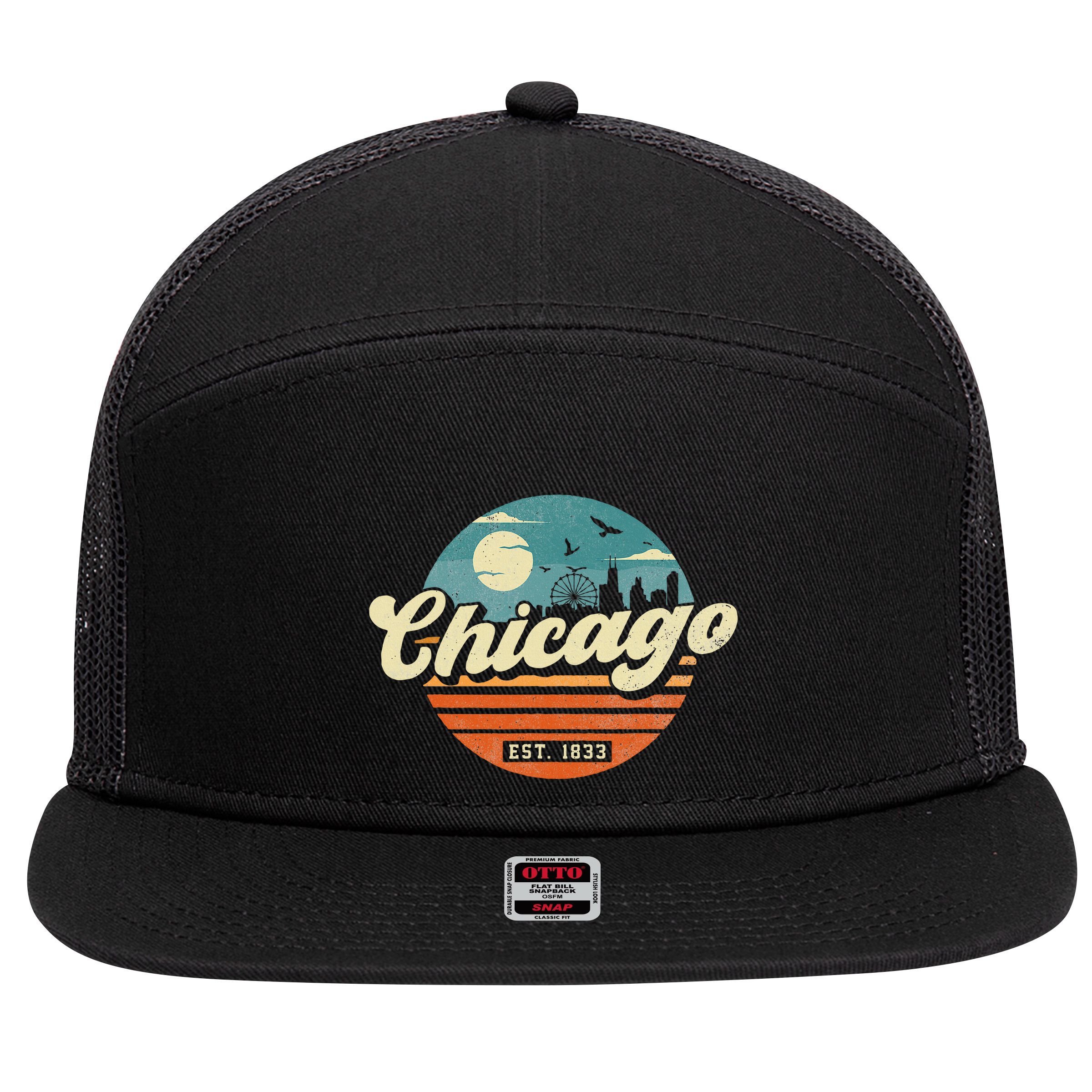 Chicago Illinois Retro Skyline Night Il Souvenirs 7 Panel Mesh Trucker Snapback Hat