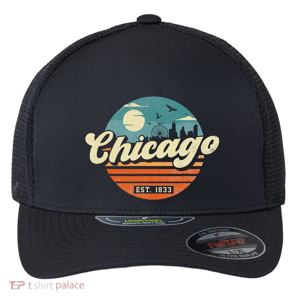 Chicago Illinois Retro Skyline Night Il Souvenirs Flexfit Unipanel Trucker Cap