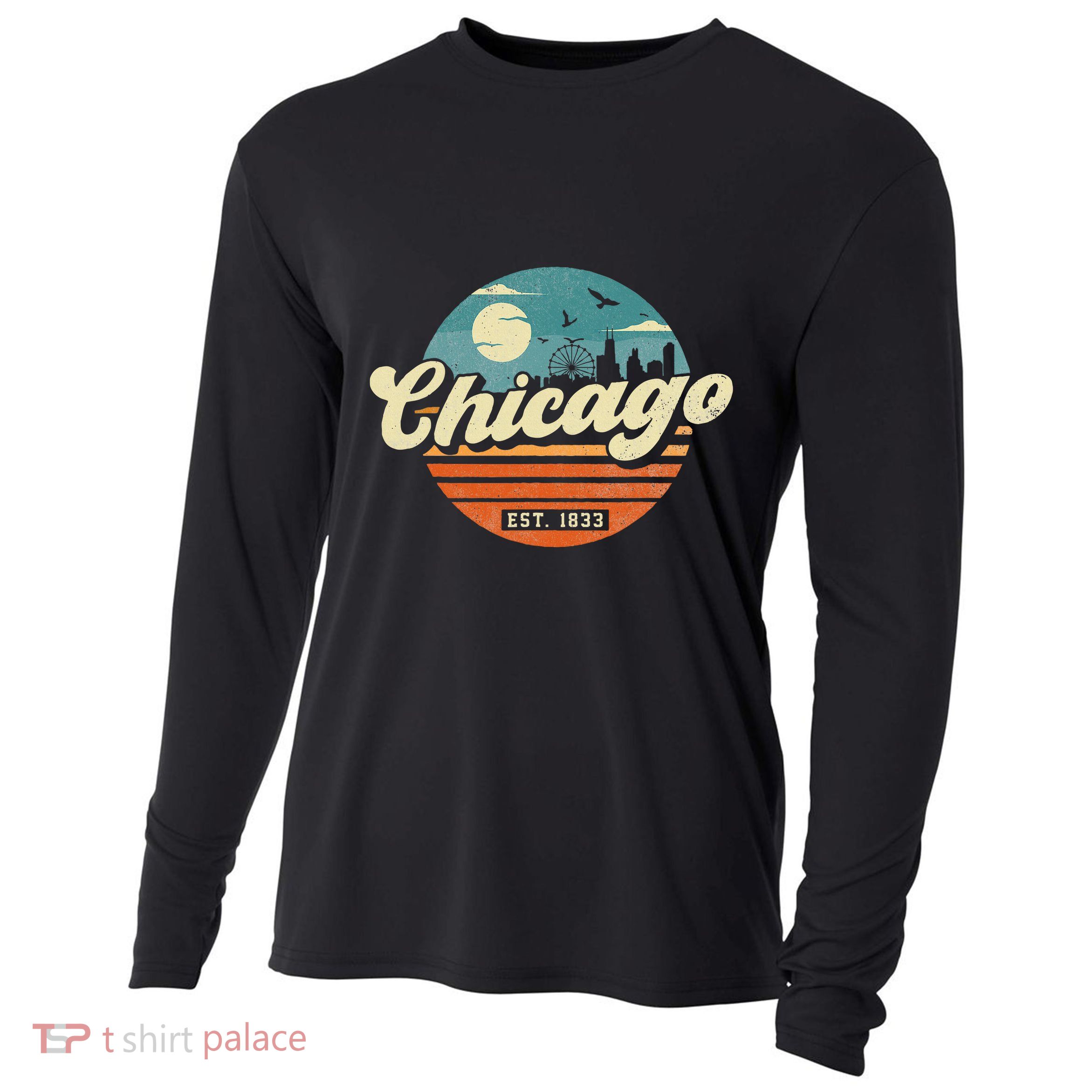 Chicago Illinois Retro Skyline Night Il Souvenirs Cooling Performance Long Sleeve Crew