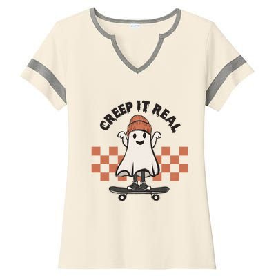 Creep It Real Cute Ghost Skateboard Lazy Halloween Costume Great Gift Ladies Halftime Notch Neck Tee