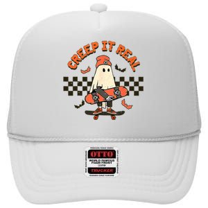 Creep It Real Skateboarding Ghost Retro Halloween Costume High Crown Mesh Back Trucker Hat