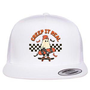 Creep It Real Skateboarding Ghost Retro Halloween Costume Flat Bill Trucker Hat