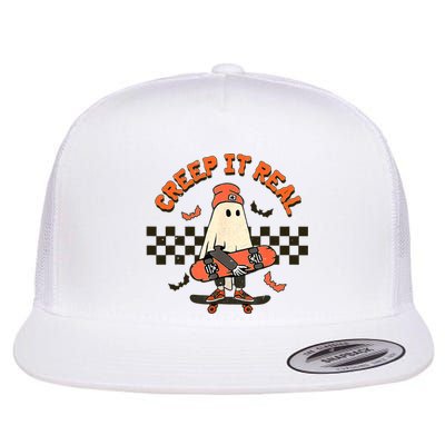 Creep It Real Skateboarding Ghost Retro Halloween Costume Flat Bill Trucker Hat