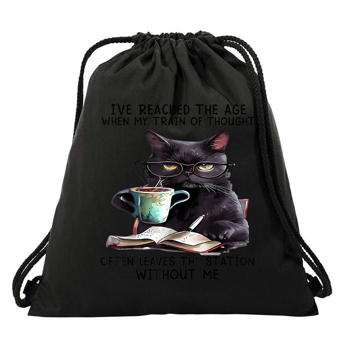 Cat Ive Reached The Age When My Train Of Thought Drawstring Bag