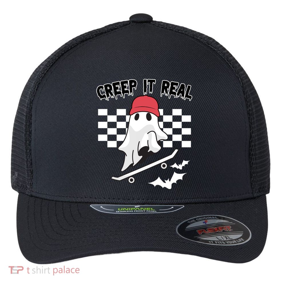 Creek It Real Funny Ghost Halloween Flexfit Unipanel Trucker Cap