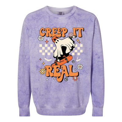 Creep It Real Retro Halloween Party Funny Ghost Skateboard Colorblast Crewneck Sweatshirt