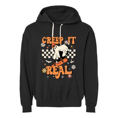 Creep It Real Retro Halloween Party Funny Ghost Skateboard Garment-Dyed Fleece Hoodie