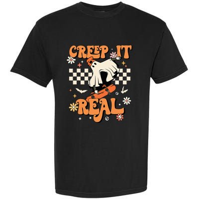 Creep It Real Retro Halloween Party Funny Ghost Skateboard Garment-Dyed Heavyweight T-Shirt