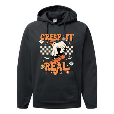 Creep It Real Retro Halloween Party Funny Ghost Skateboard Performance Fleece Hoodie