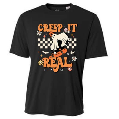 Creep It Real Retro Halloween Party Funny Ghost Skateboard Cooling Performance Crew T-Shirt