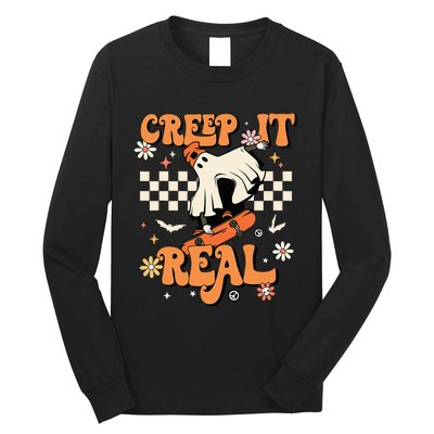 Creep It Real Retro Halloween Party Funny Ghost Skateboard Long Sleeve Shirt