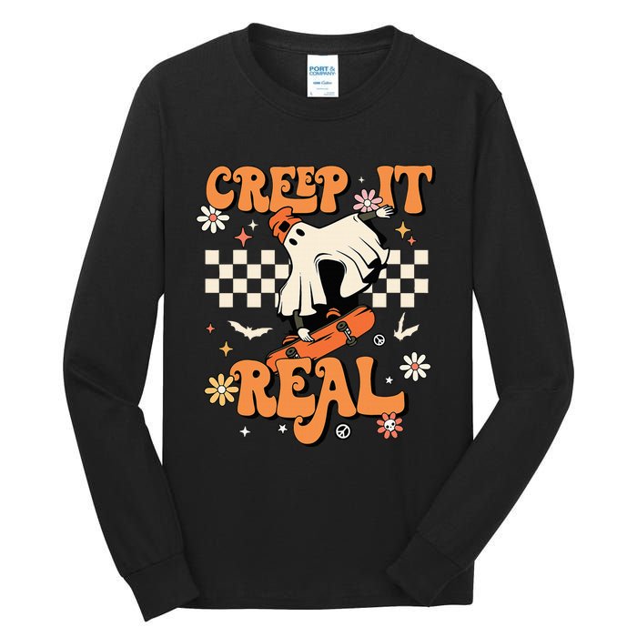 Creep It Real Retro Halloween Party Funny Ghost Skateboard Tall Long Sleeve T-Shirt