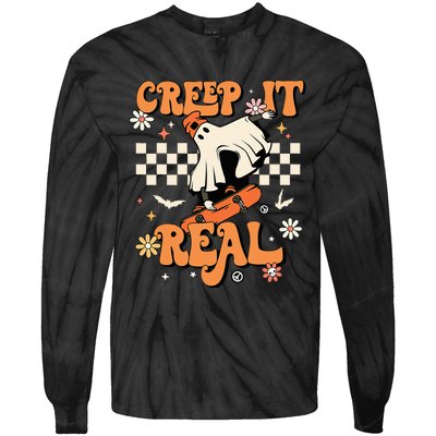 Creep It Real Retro Halloween Party Funny Ghost Skateboard Tie-Dye Long Sleeve Shirt