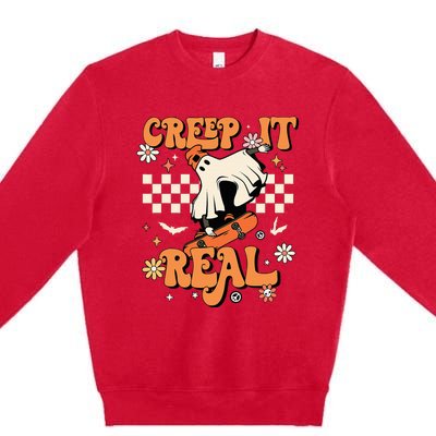 Creep It Real Retro Halloween Party Funny Ghost Skateboard Premium Crewneck Sweatshirt