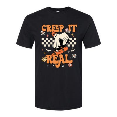 Creep It Real Retro Halloween Party Funny Ghost Skateboard Softstyle CVC T-Shirt