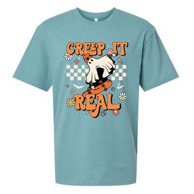 Creep It Real Retro Halloween Party Funny Ghost Skateboard Sueded Cloud Jersey T-Shirt