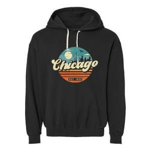 Chicago Illinois Retro Skyline Night Il Souvenirs Garment-Dyed Fleece Hoodie