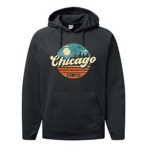 Chicago Illinois Retro Skyline Night Il Souvenirs Performance Fleece Hoodie