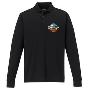 Chicago Illinois Retro Skyline Night Il Souvenirs Performance Long Sleeve Polo