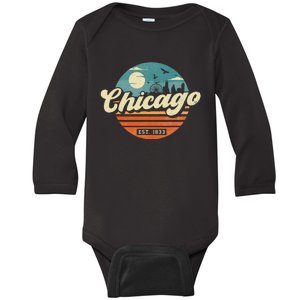 Chicago Illinois Retro Skyline Night Il Souvenirs Baby Long Sleeve Bodysuit