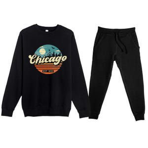 Chicago Illinois Retro Skyline Night Il Souvenirs Premium Crewneck Sweatsuit Set