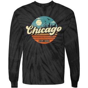 Chicago Illinois Retro Skyline Night Il Souvenirs Tie-Dye Long Sleeve Shirt