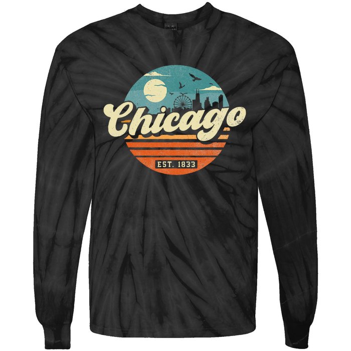 Chicago Illinois Retro Skyline Night Il Souvenirs Tie-Dye Long Sleeve Shirt