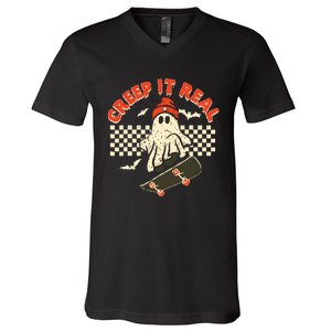 Creep It Real Skateboarding Retro Halloween Ghost Costume V-Neck T-Shirt