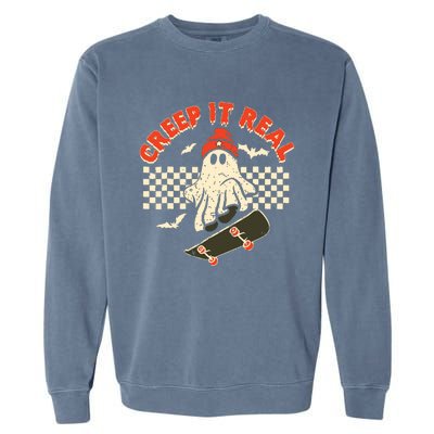 Creep It Real Skateboarding Retro Halloween Ghost Costume Garment-Dyed Sweatshirt