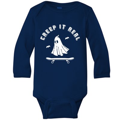 Creep It Real Skateboard Ghost Skateboarding Halloween Baby Long Sleeve Bodysuit