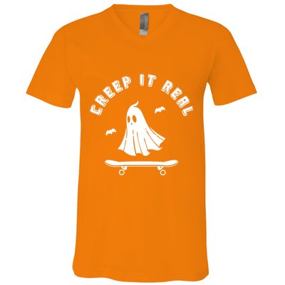 Creep It Real Skateboard Ghost Skateboarding Halloween V-Neck T-Shirt