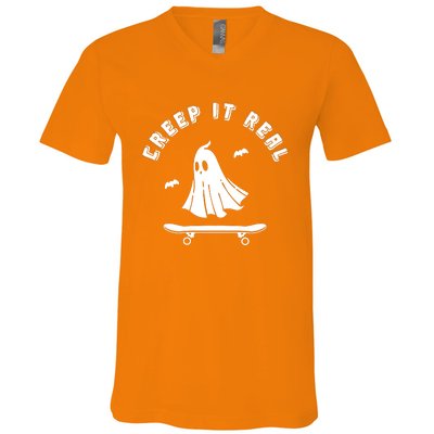 Creep It Real Skateboard Ghost Skateboarding Halloween V-Neck T-Shirt