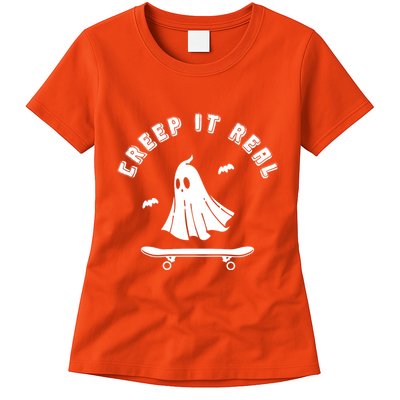 Creep It Real Skateboard Ghost Skateboarding Halloween Womens T-Shirt