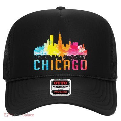 Chicago Illinois Retro Watercolour Skyline Souvenir High Crown Mesh Back Trucker Hat